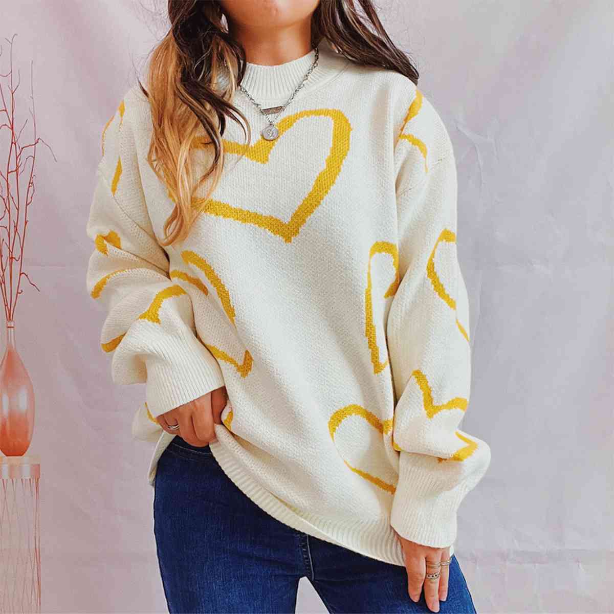 Knit Heart Color Contrasting Classic Long Sleeve Round Neck Pullover Sweater Top