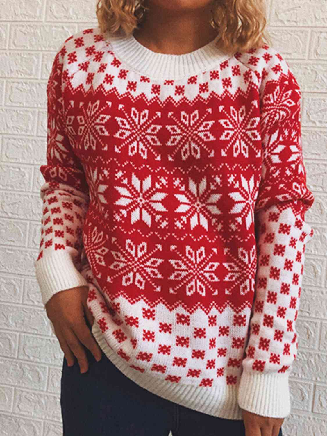 Fair Isle Color Contrast Winter Snowflake Long Sleeve Minimalist Sweater