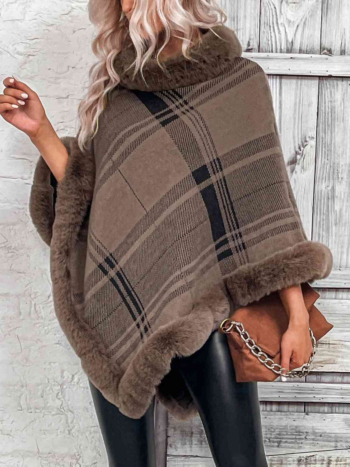 Plush Faux Fur Plaid Stripe Oversized Pullover Sweater Jacket Poncho