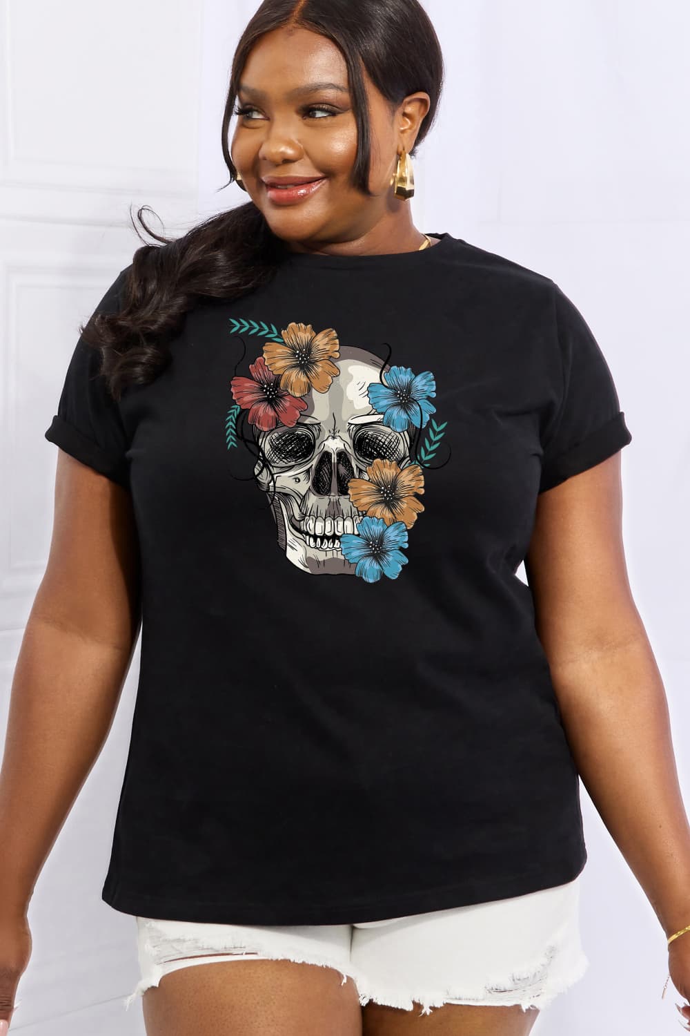 Bright Floral Skull Graphic Short Sleeve Tee Shirt 100% Premium Cotton