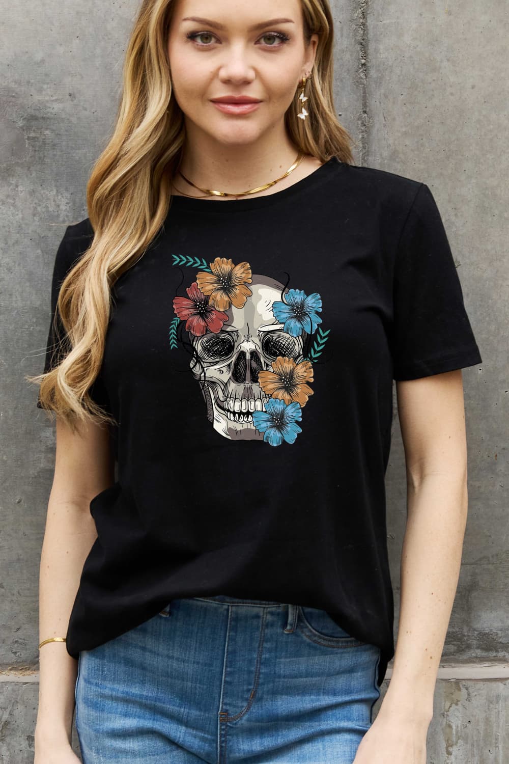 Bright Floral Skull Graphic Short Sleeve Tee Shirt 100% Premium Cotton