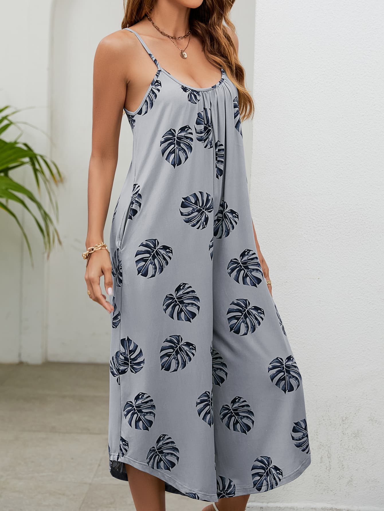 Botanical Palm Sleeveless Bohemian Capri Wide Leg Oversized Pant Pocket Jumpsuit