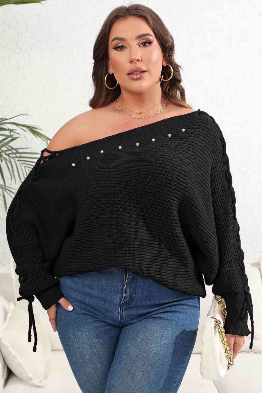 Beaded Pearl Lace Up Sleeve Off Shoulder Asymmetrical Boat Neck Sweater Plus Size Only