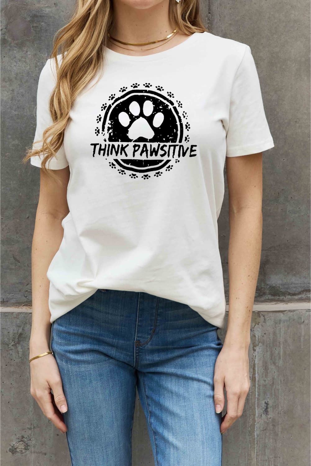 THINK PAWSITIVE Animal Paw Print Graphic 100% Cotton Short Sleeve Tee Shirt (Plus Size Avaialable)