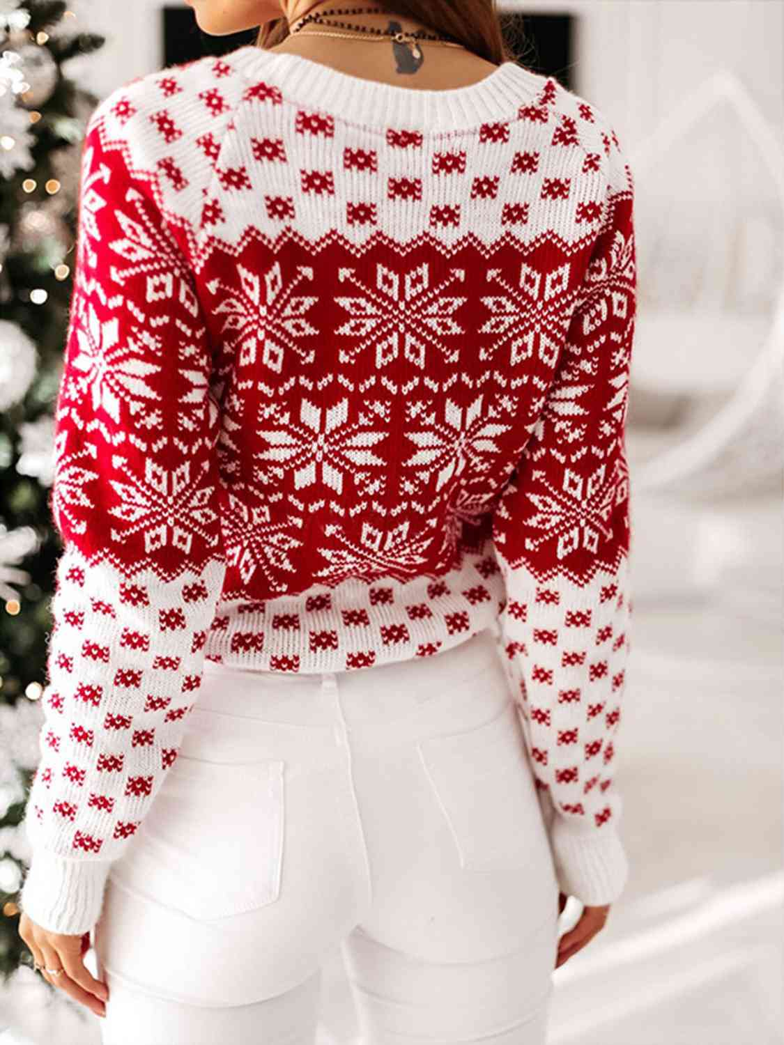 Fair Isle Contrast Color Winter Snowflake Long Sleeve Minimalist Sweater Top
