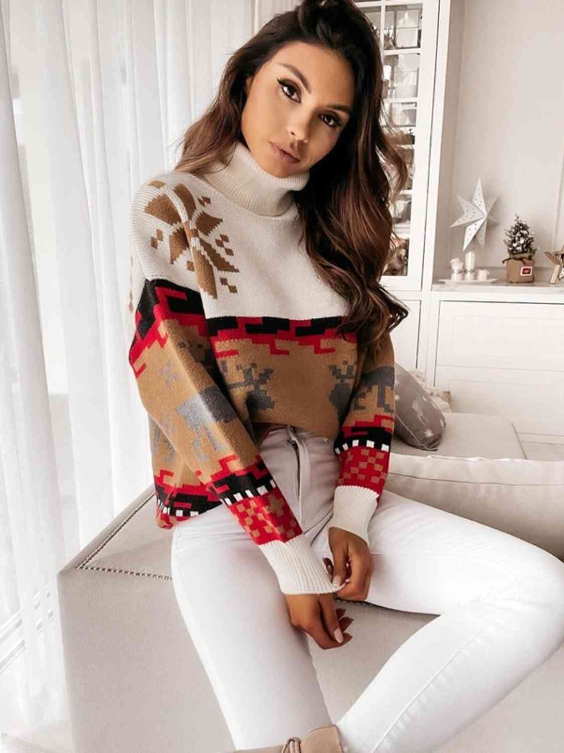 Knit Fair Isle Reindeer Snowflake Turtleneck Bold Geometric Classic Sweater