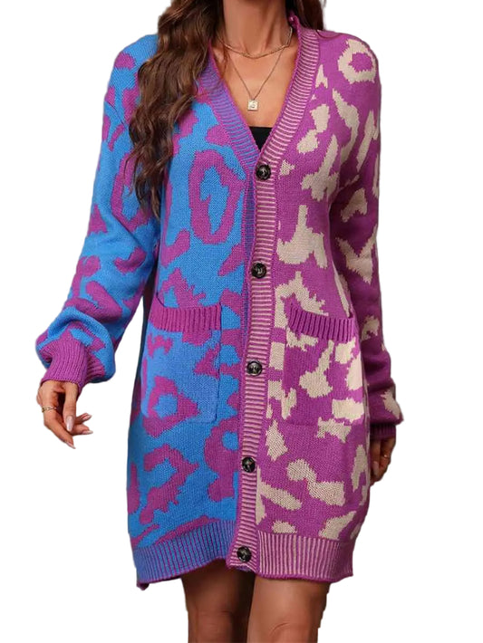 Colorblock Leopard Print Longline Button Front Long Sleeve Oversized Cardigan