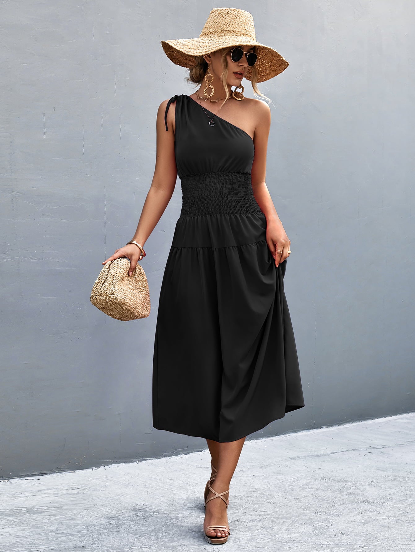 Cinch Tie Asymmetrical One Shoulder Smocked Waist Midi Dress