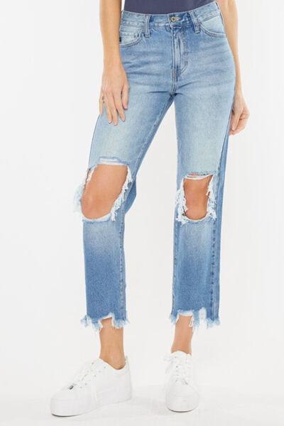 KanCan High-Rise Distressed Denim Raw Cropped Straight Leg Mom Jean Cotton Pants