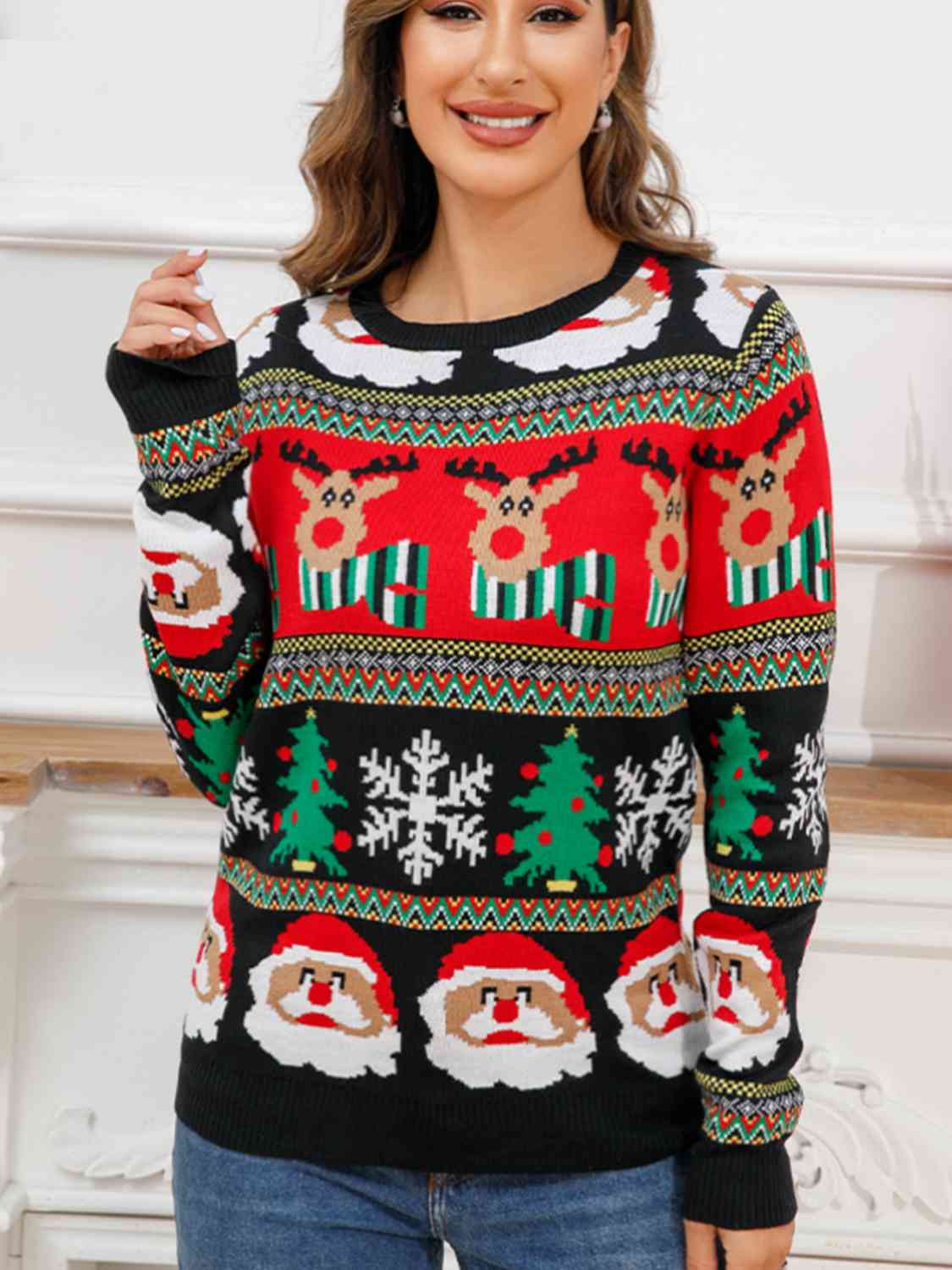 Bold Christmas Colorful Knit Rudolph Santa Festive Long Sleeve Sweater