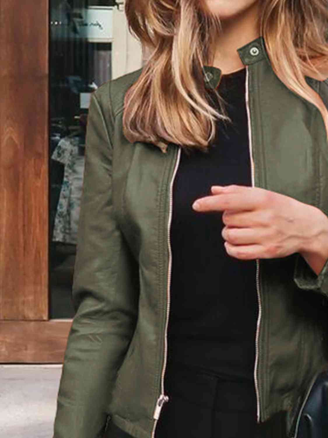 Chic Moto Vegan Leather Jacket Zip-up Sleek Snap Mock Neck