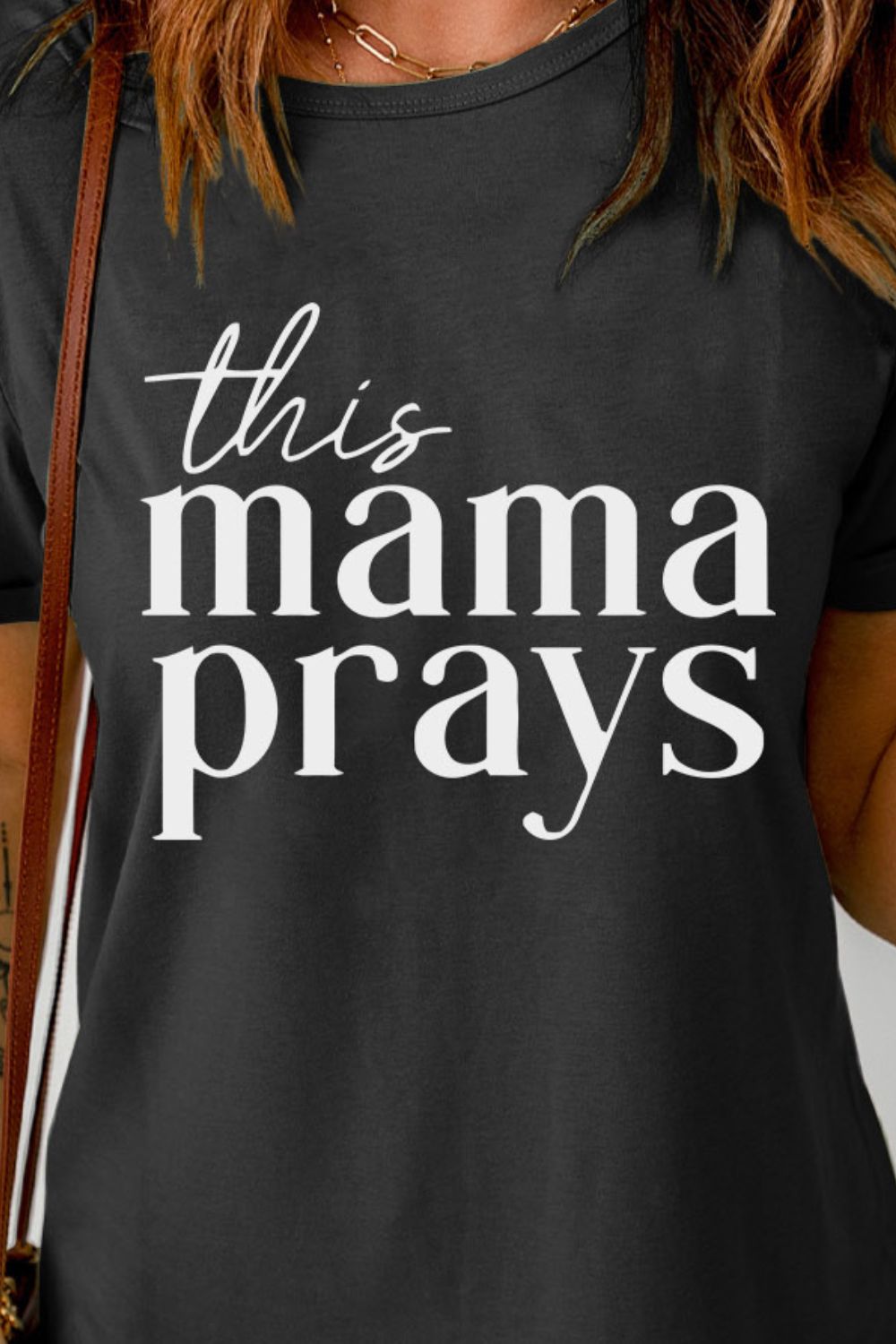 THIS MAMA PRAYS Shirt Cuffed Short Sleeve Graphic Black Top