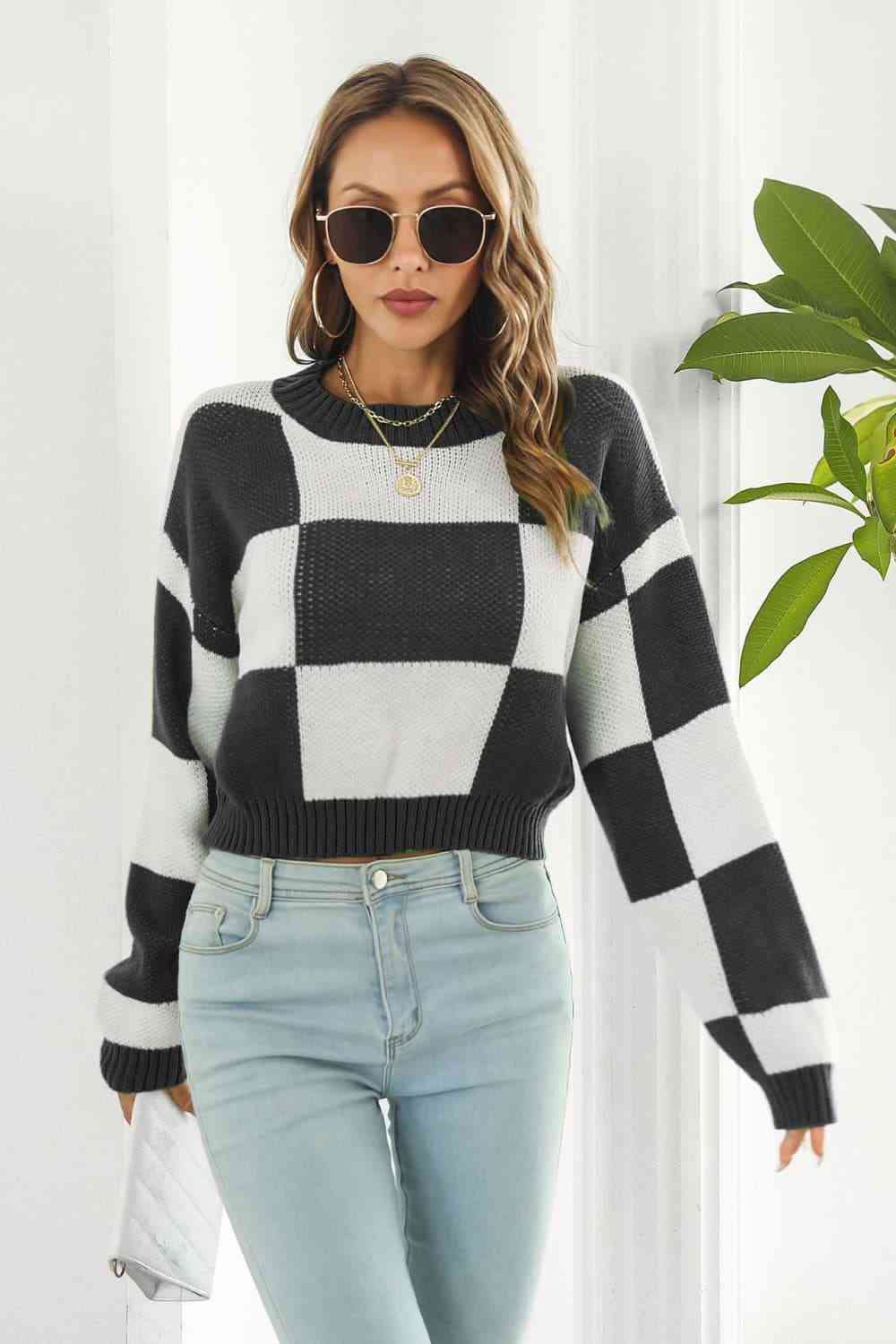 Checker Color Block Knit Crop Top Round Neck Long Sleeve Minimalist Sweater Shirt