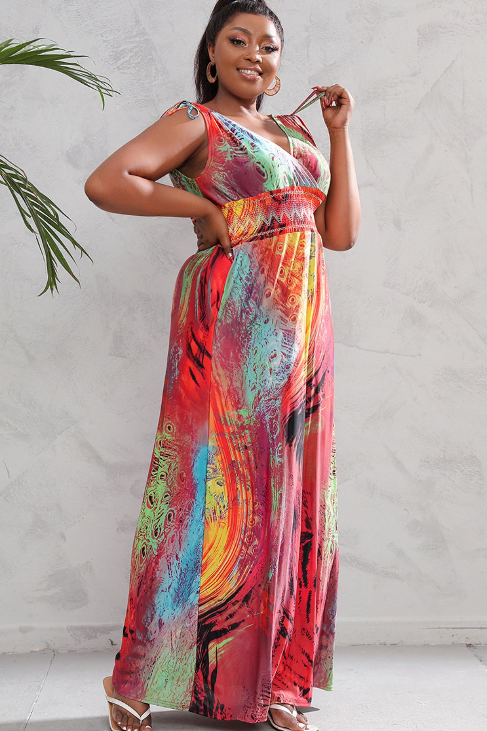 Tie-dye Peacock Sleeveless Smocked Waist Maxi Dress Large-5X Curvy Size Only