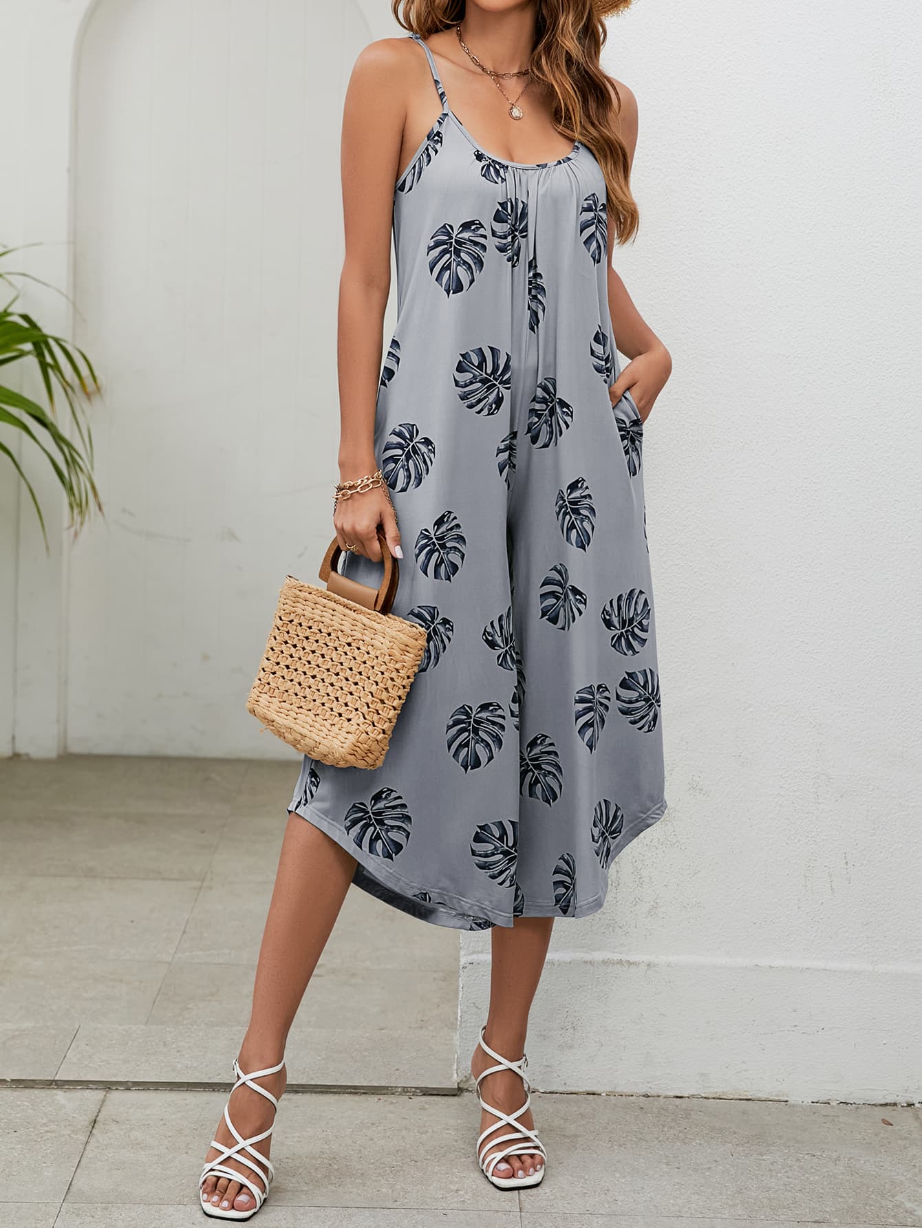 Botanical Palm Sleeveless Bohemian Capri Wide Leg Oversized Pant Pocket Jumpsuit
