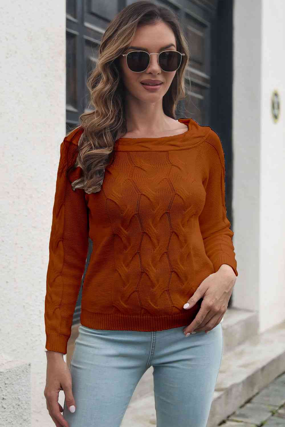 Cable Knit Braided Boat Neck Long Sleeve Minimalist Casual Sweater Shirt