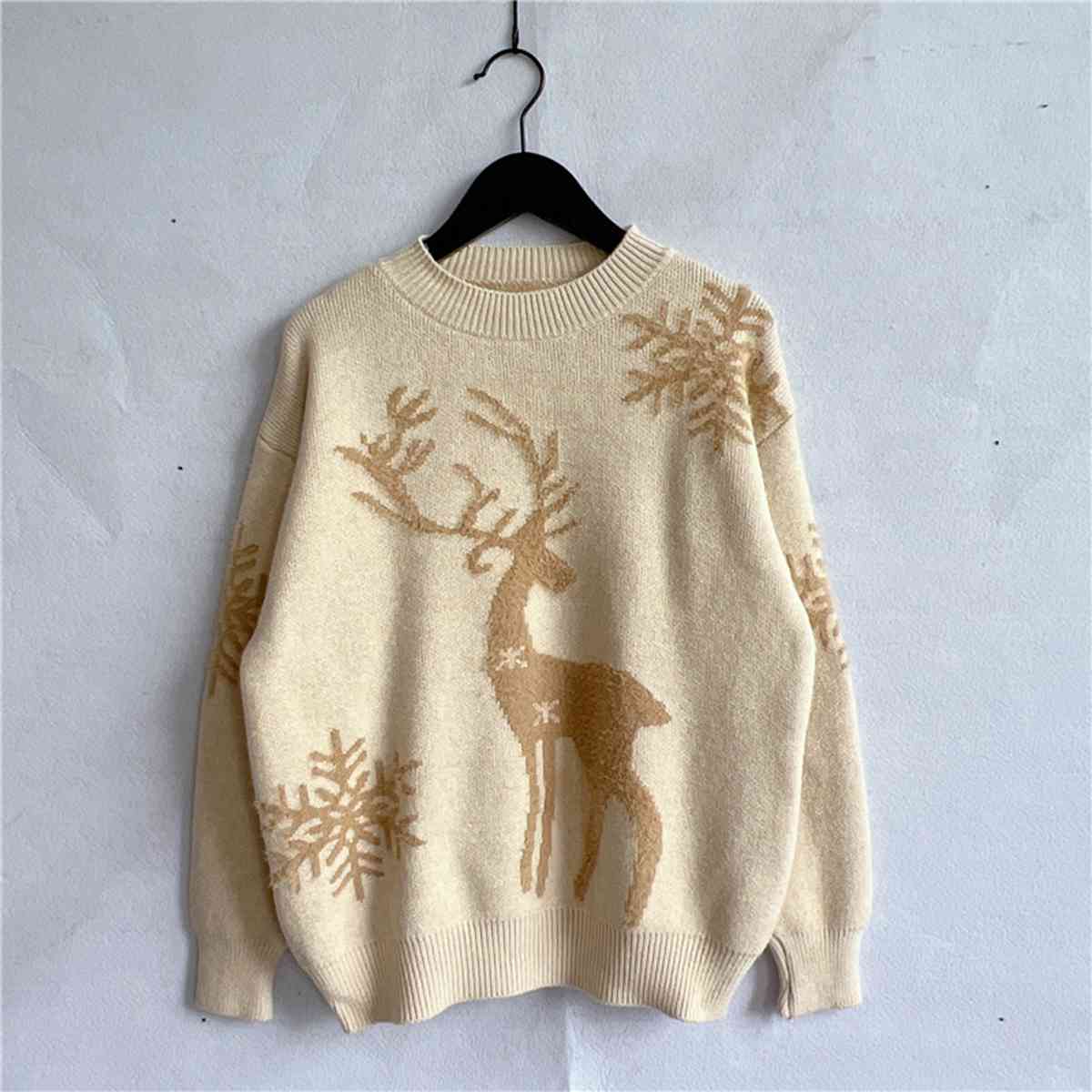 Fuzzy Reindeer Snowflake Knit Round Neck Winter Soft Print Sweater