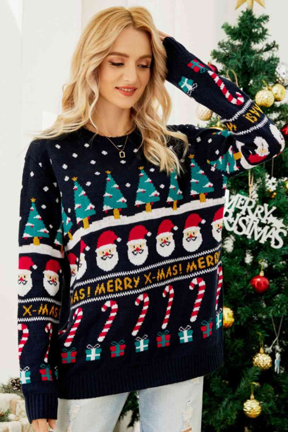 Merry Xmas Knit Festive Santa Candy Canes Trees Round Neck Holiday Sweater