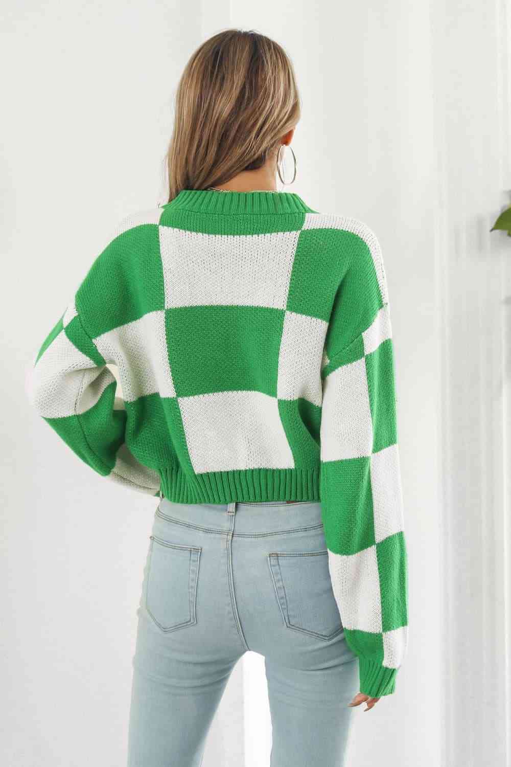 Checker Color Block Knit Crop Top Round Neck Long Sleeve Minimalist Sweater Shirt