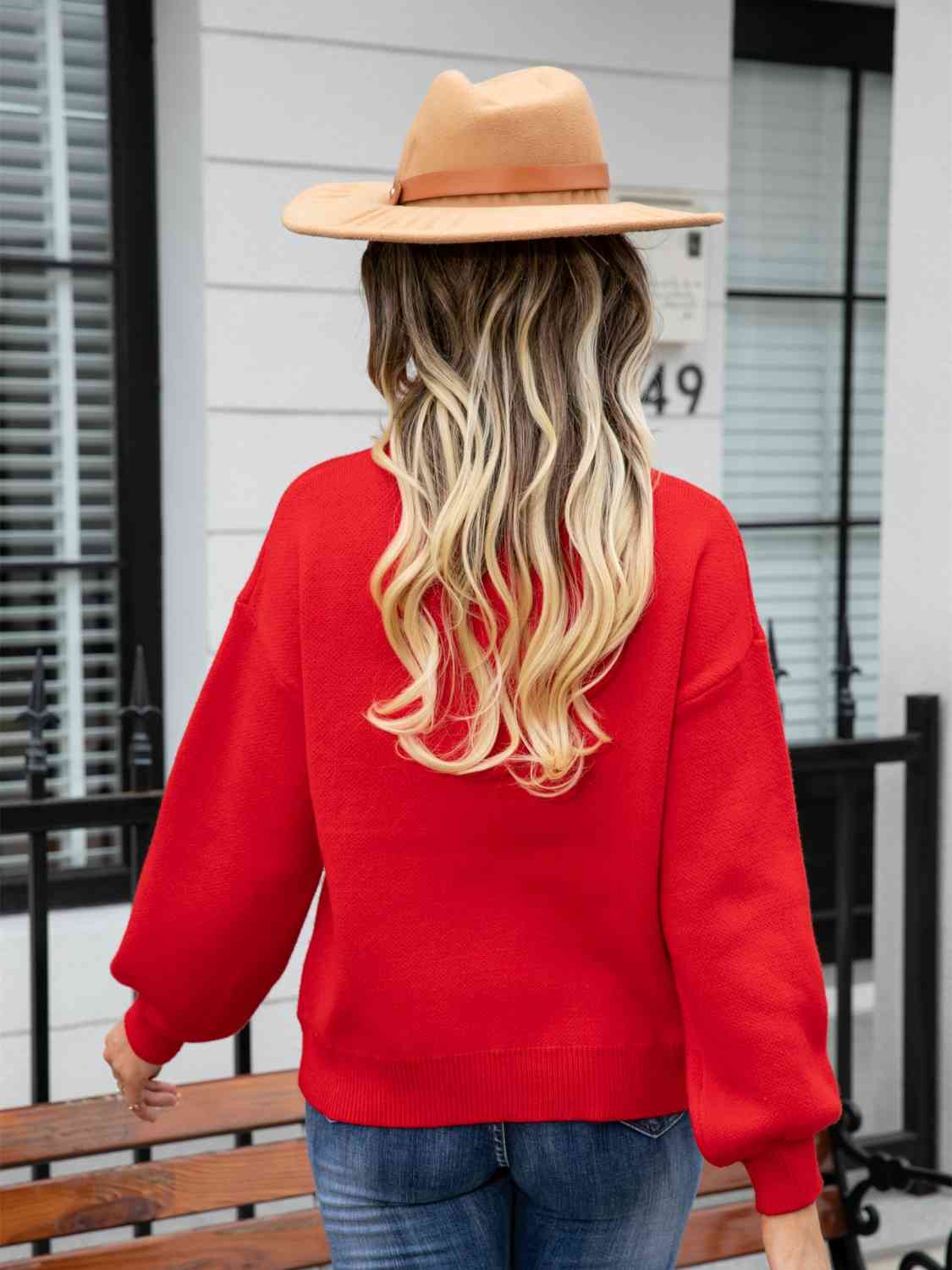 Knit Heart Contrasting Classic Round Neck Pullover Top Long Sleeve Sweater Shirt