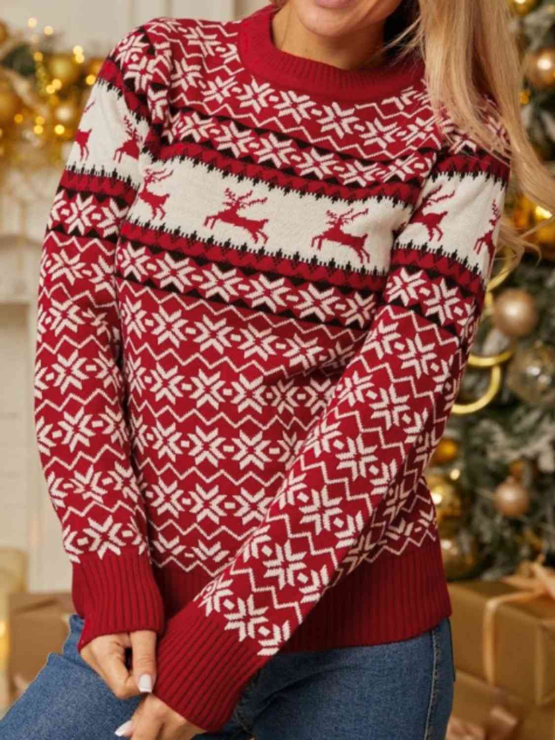 Red Fair Isle Snowflake Reindeer Knit Round Neck Minimalist Classic Sweater