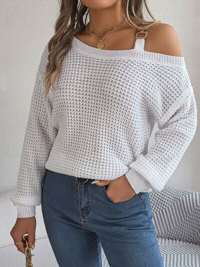 Waffle Knit Cold Shoulder Asymmetrical Gold Accent Long Sleeve Sweater Shirt