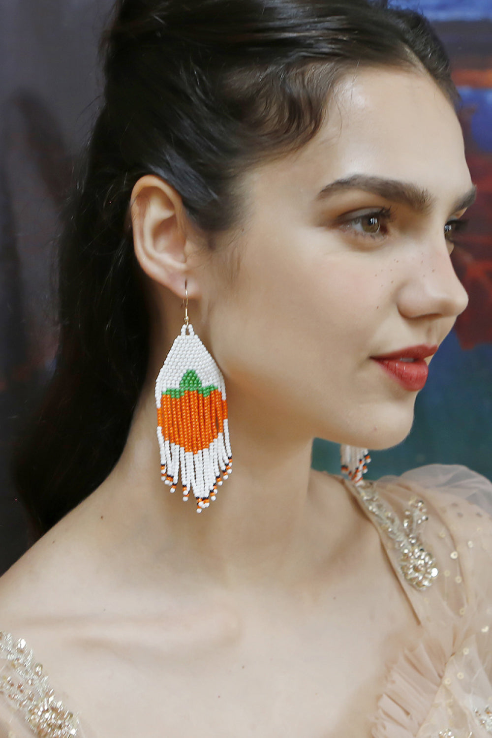 Long Beaded Pumpkin Bohemian Dangle Earrings Fall Jewelry Artisan