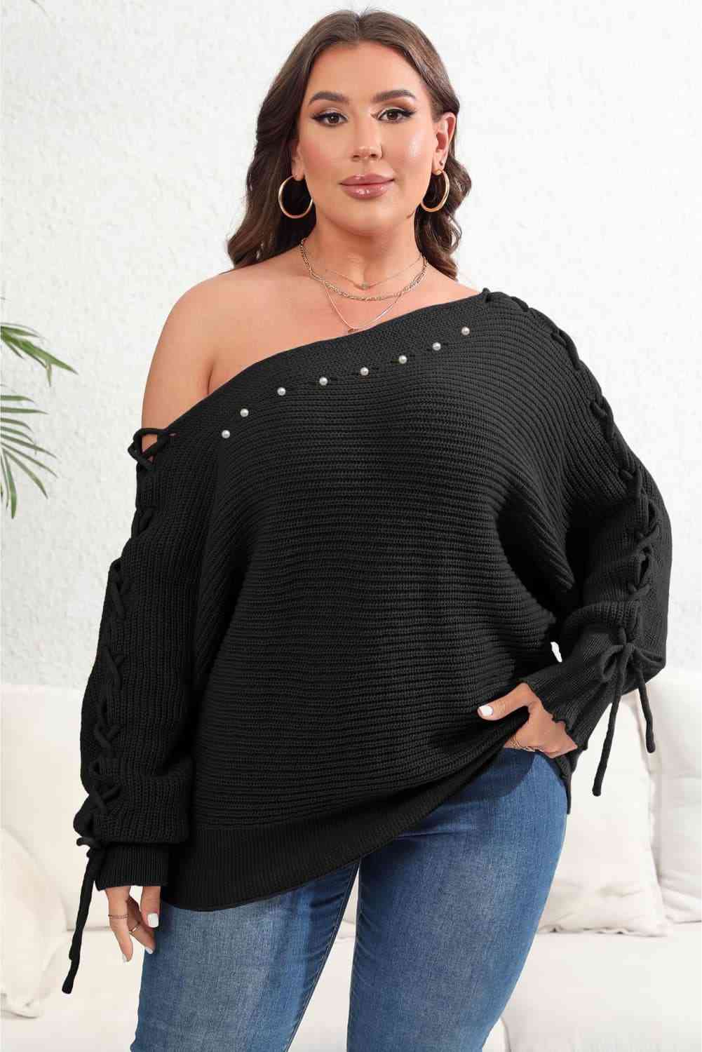Beaded Pearl Lace Up Sleeve Off Shoulder Asymmetrical Boat Neck Sweater Plus Size Only