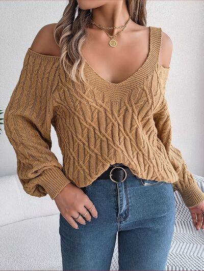 Cable-Knit Woven Top Cold Shoulder Long Sleeve V-neck Cozy Sweater Shirt