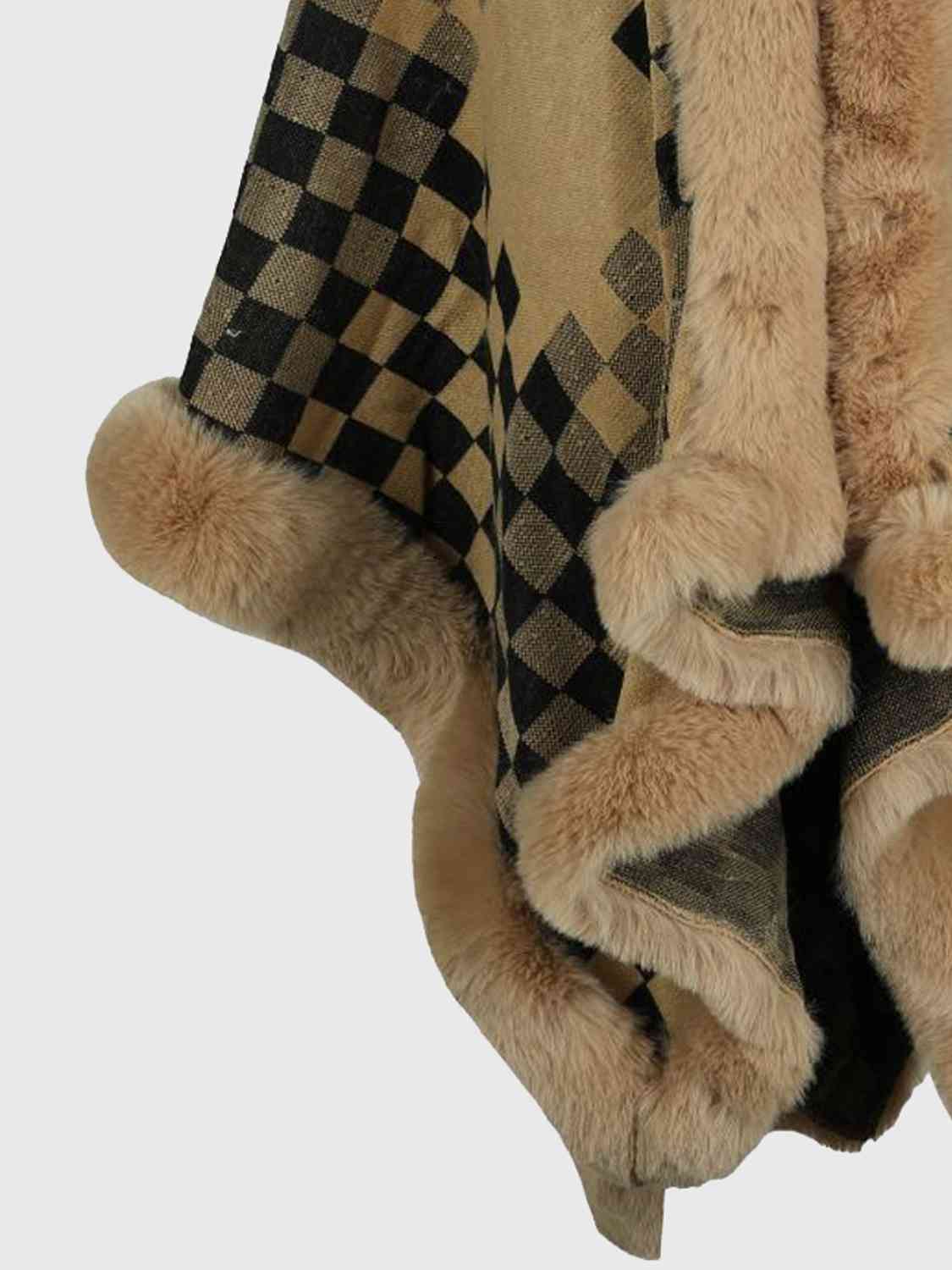 Large Cape Plush Faux Fur Heavy Checker Pullover Oversized Sweater Jacket Poncho
