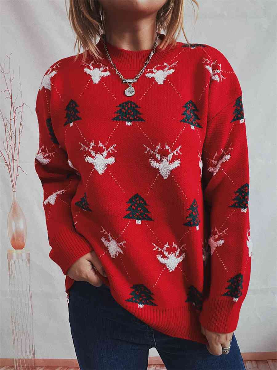Fuzzy Shag Knit Reindeer Tree Argyle Round Neck Winter Soft Print Sweater