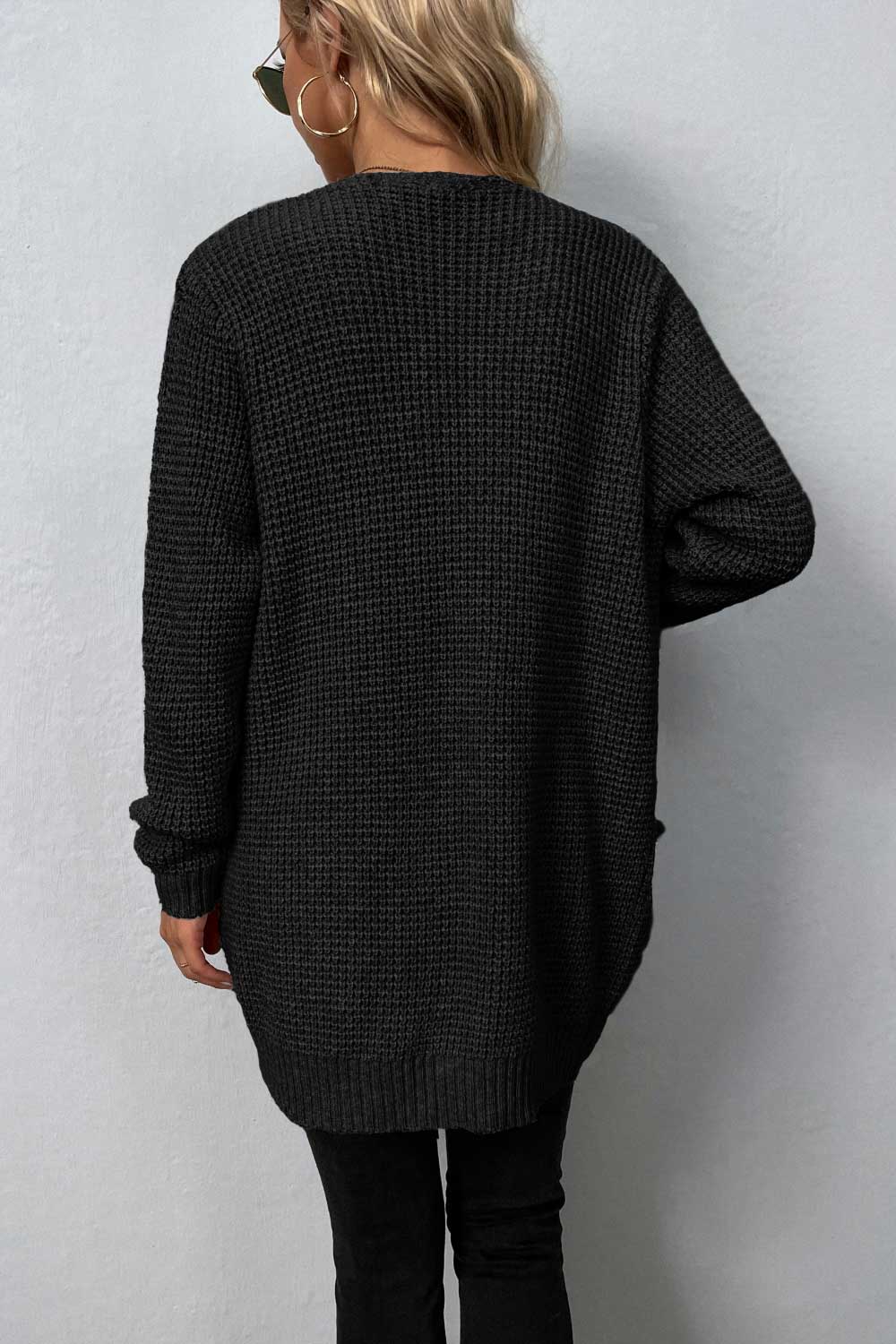Waffle Knit Longline Open Front Sweater Pocket Cardigan