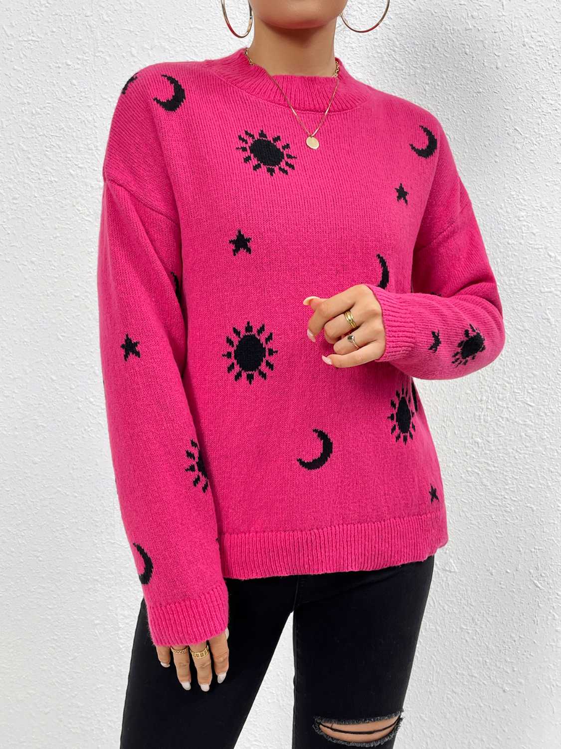 Unique Print Knit Pullover Celestial Mushroom Skull Yin Yang Sweater Shirt