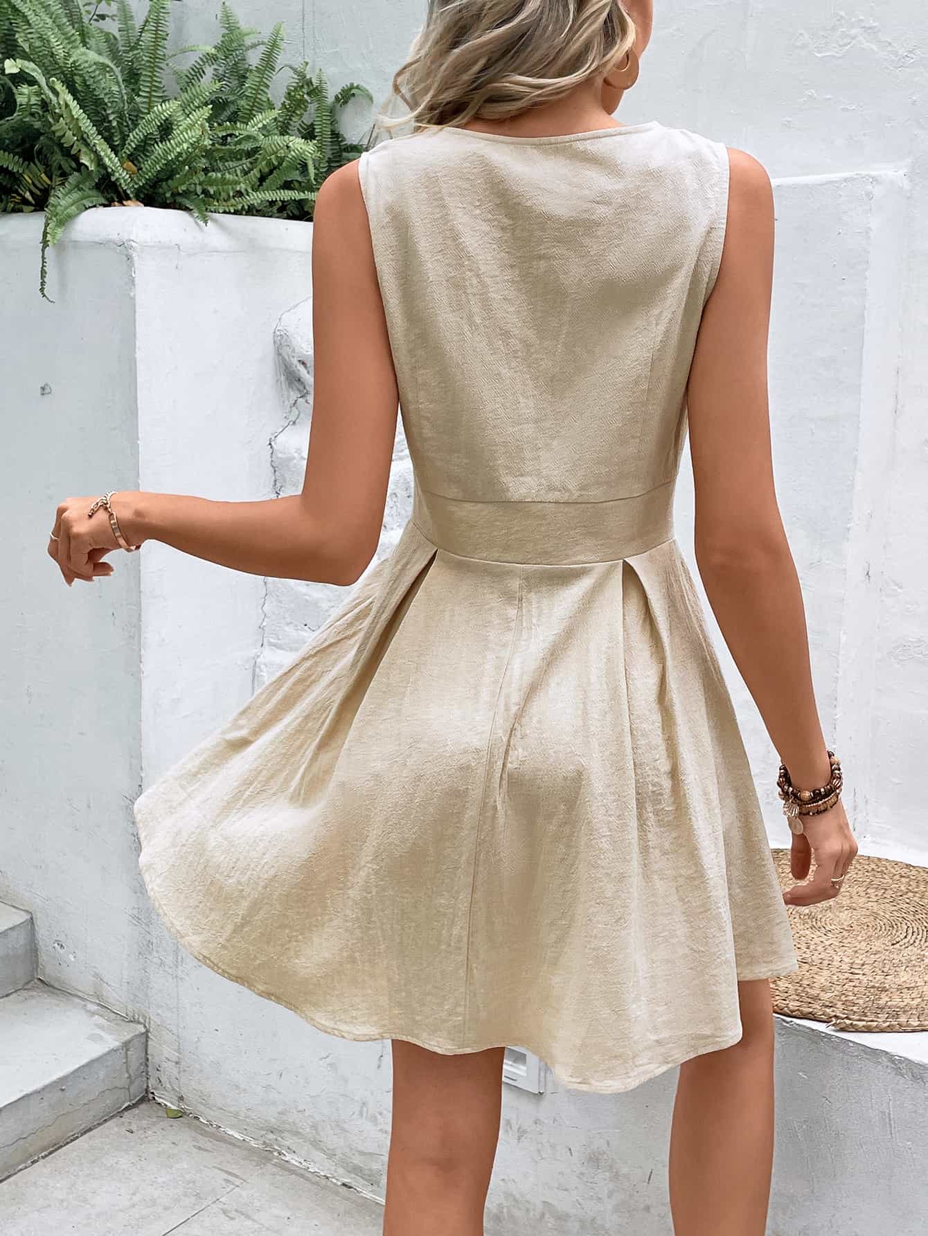Empire Waist 100% COTTON Button Front V-Neck Sleeveless Mini Dress