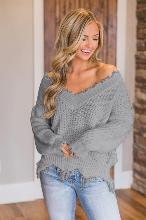 Distressed Raw Hem Off Shoulder Wide Neck Long Sleeve Waffle Knit Sweater Shirt