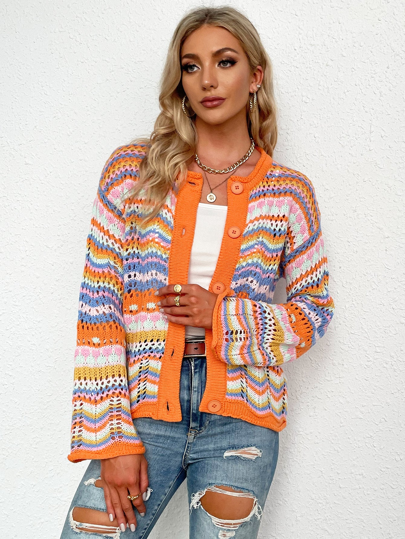 Bright Chevron Stripe Openwork Knit Button Front Long Sleeve Retro Cardigan