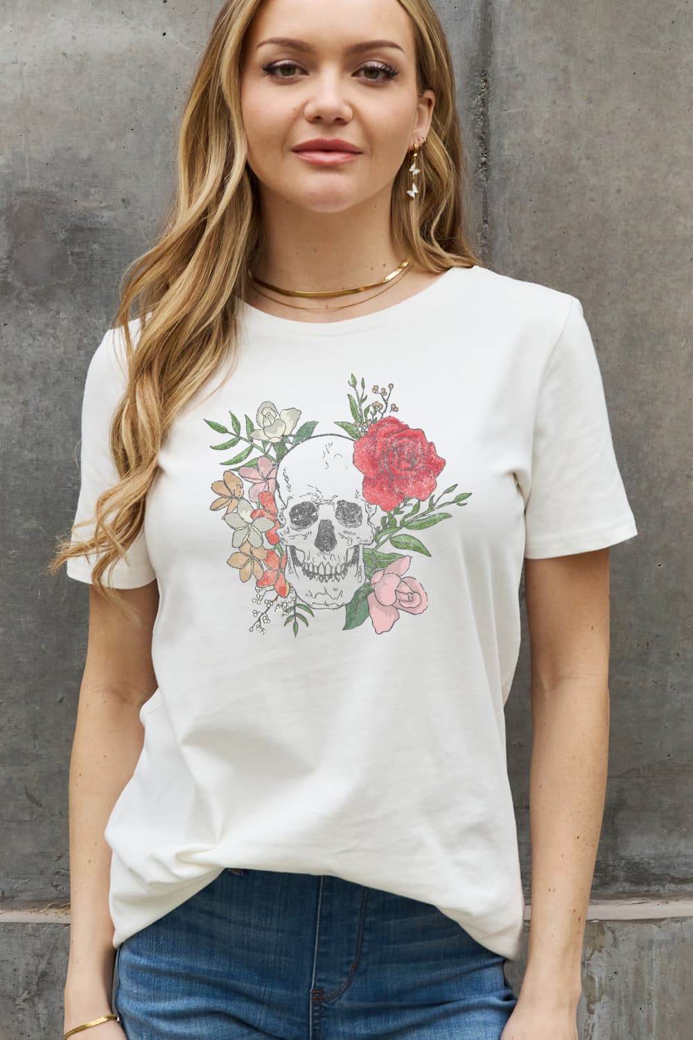 Floral Skull Head Retro Distressed Graphic Short-sleeve Tee Shirt 100% Cotton