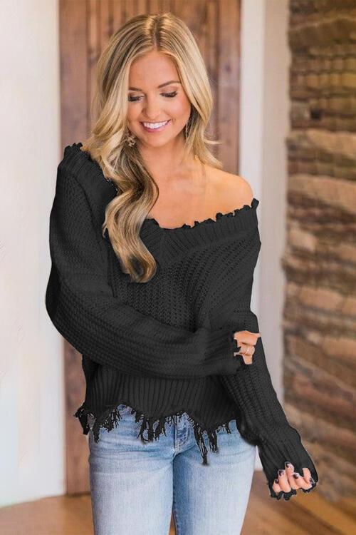Distressed Raw Hem Off Shoulder Wide Neck Long Sleeve Waffle Knit Sweater Shirt