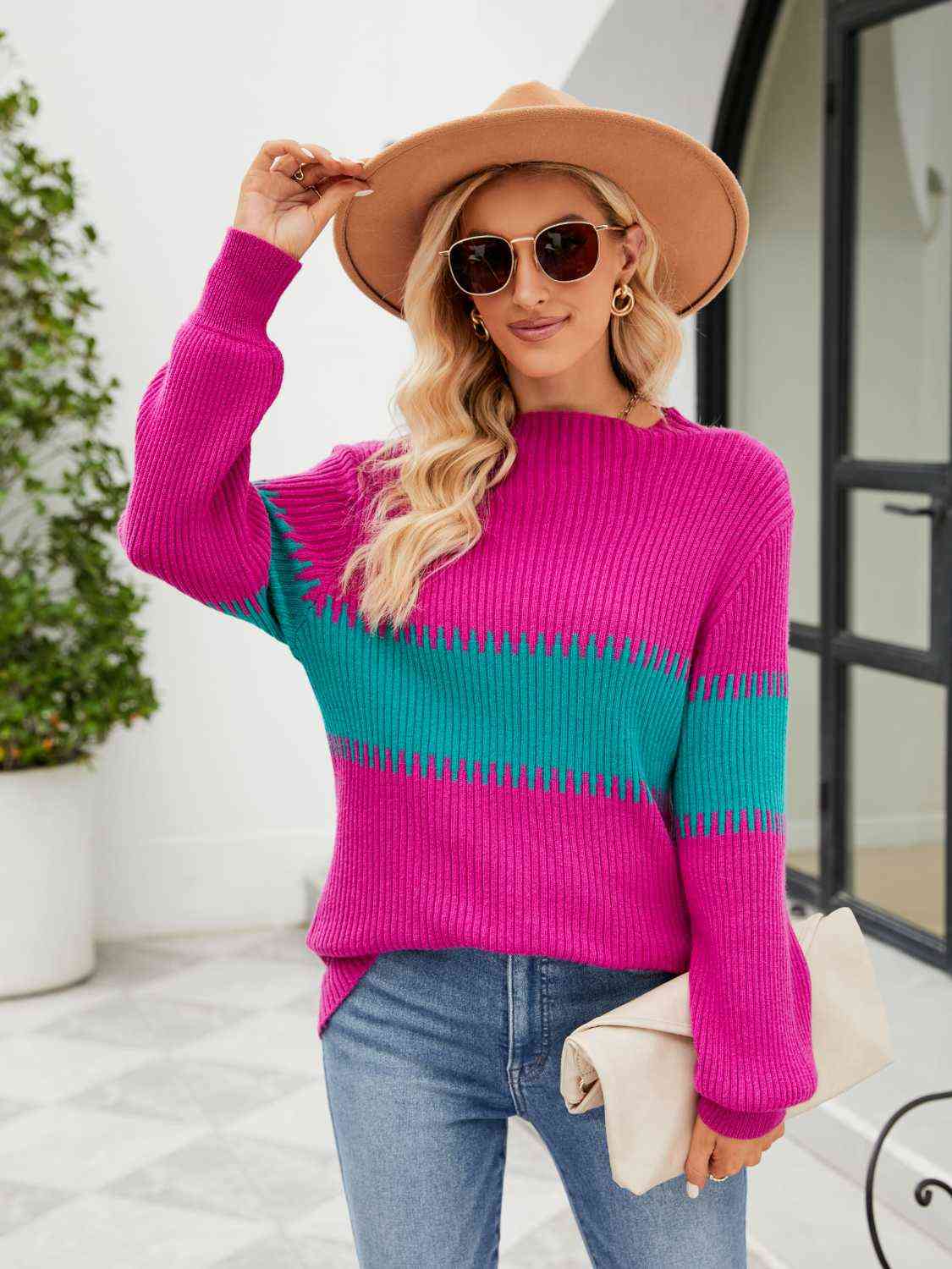 Contrasting Color Block Ribbed Knit Long Sleeve Patchwork Minimalist Sweater