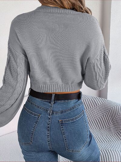 Waffle Cable Knit Crop Top Round Neck Long Sleeve Minimalist Sweater Shirt
