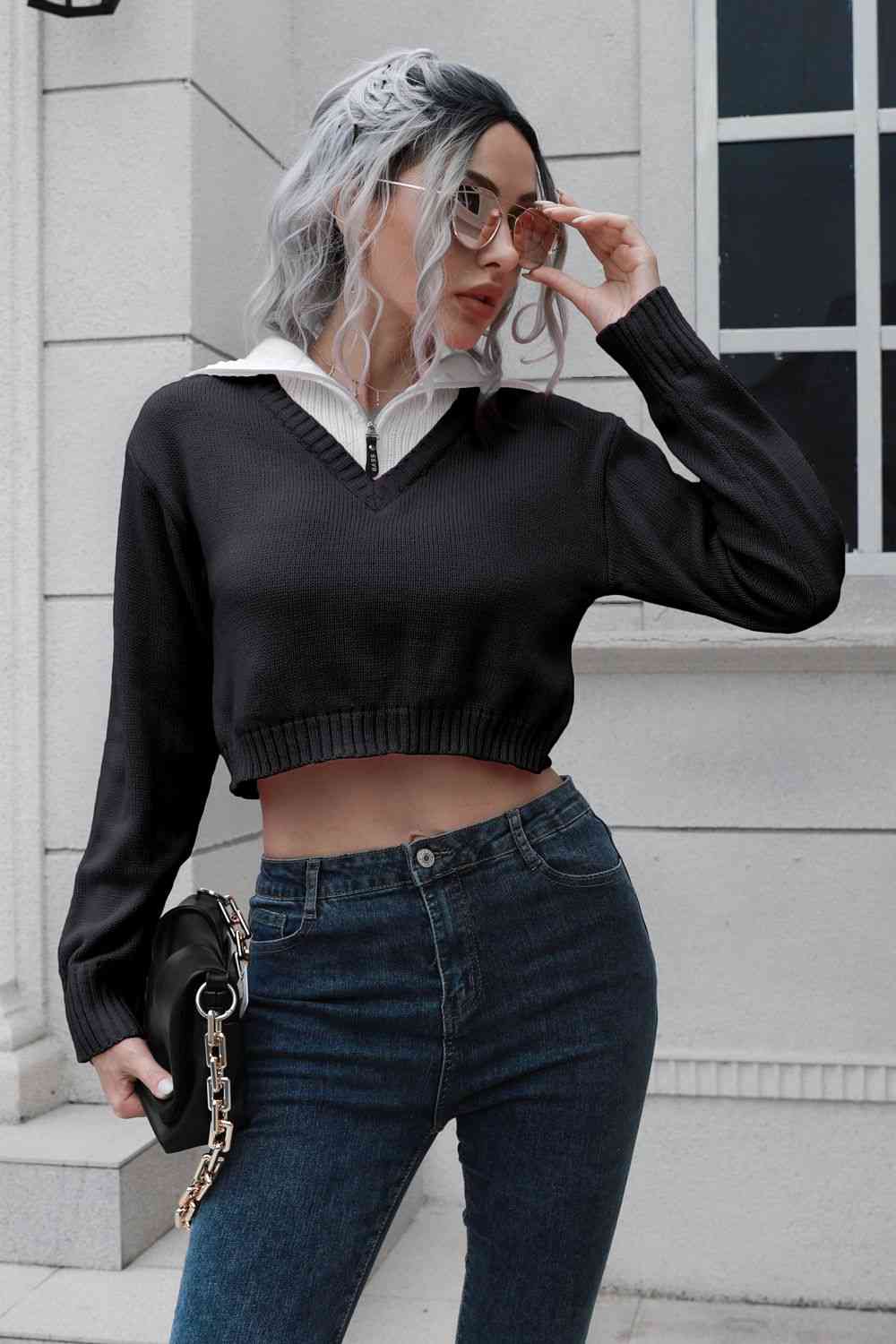 Collar Contrast Color Preppy Crop Top Long Sleeve Faux Layer Sweater Shirt