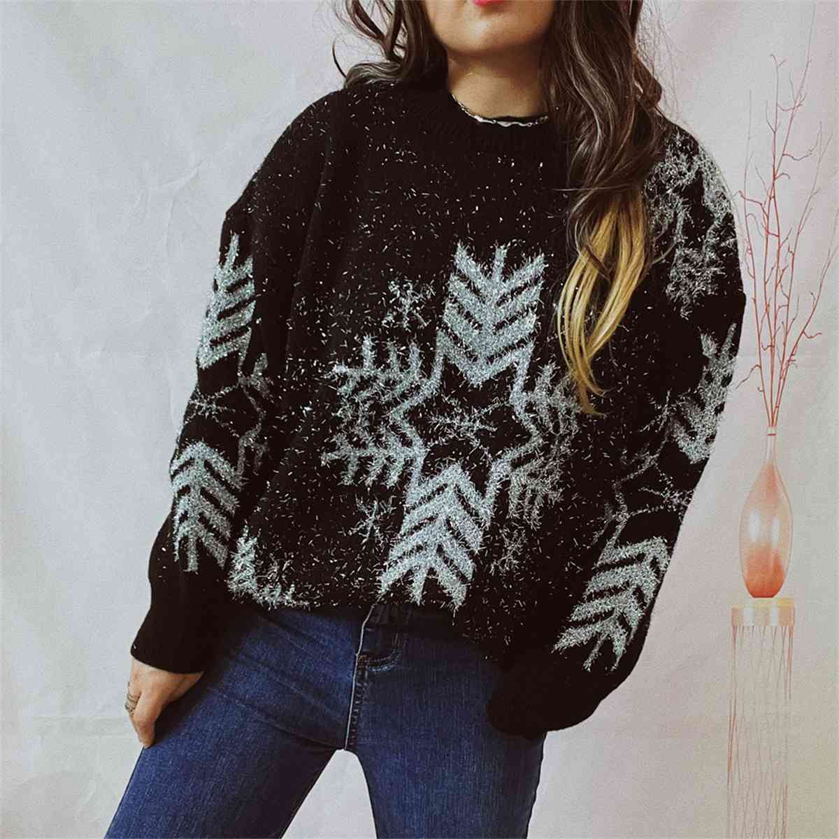 Fuzzy Contrasting Snowflake Knit Round Neck Classy Minimalist Winter Sweater