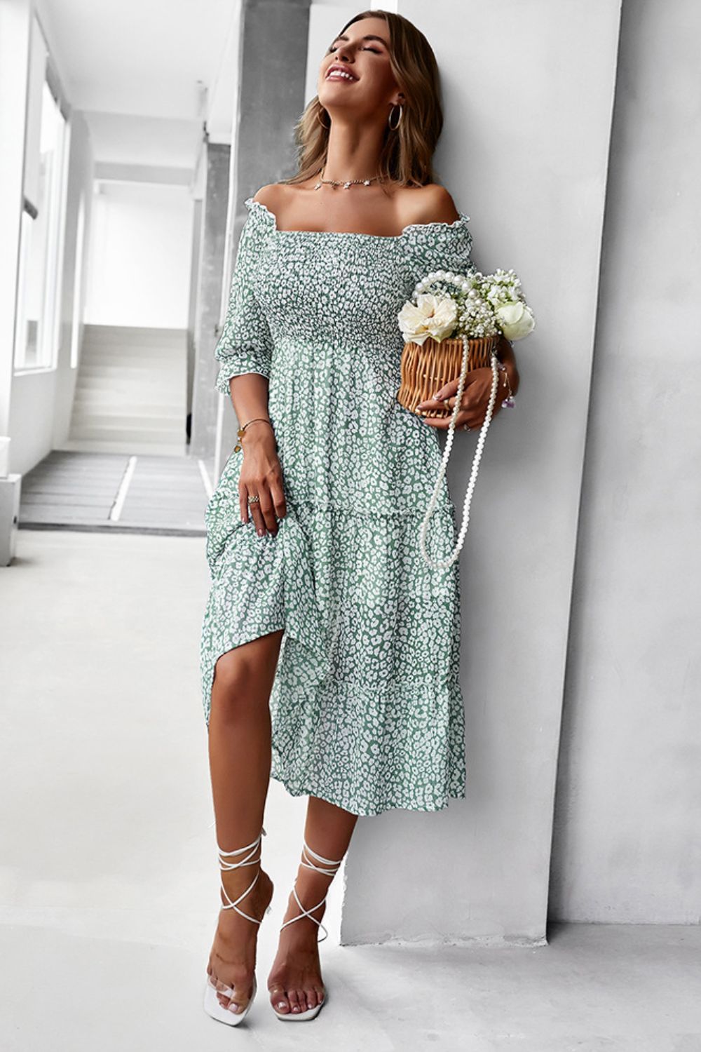 Pastel Ditsy Floral Midi Off-Shoulder Smocked Dress