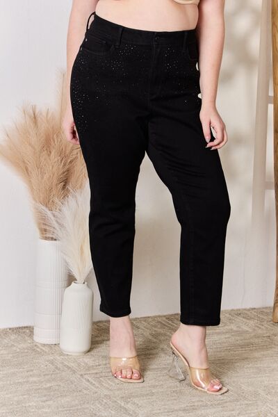 Black Rhinestone Accent Skinny Slim Fit Denim High Rise Waist Jean Pants