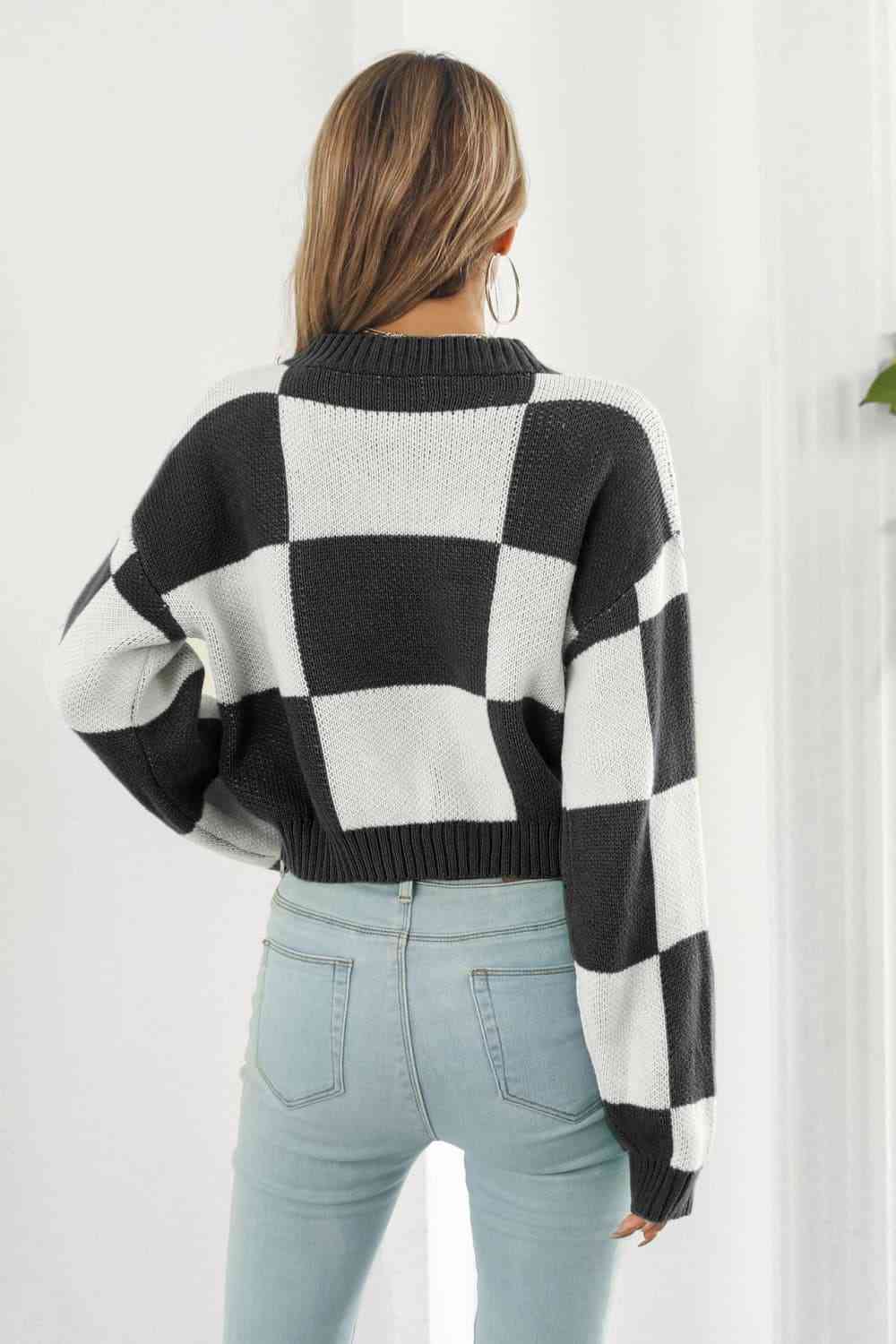 Checker Color Block Knit Crop Top Round Neck Long Sleeve Minimalist Sweater Shirt