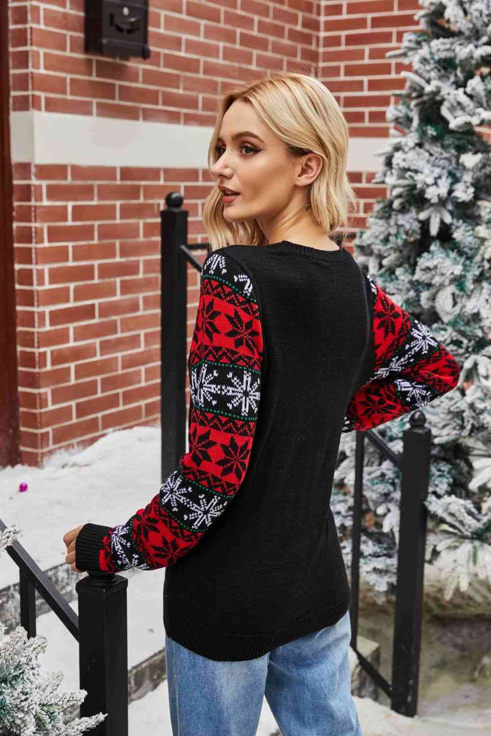 Sequin Santa's Favorite Knit Fun Round Neck Glam Holiday Sweater Top