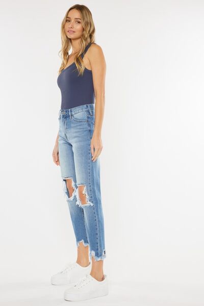 KanCan High-Rise Distressed Denim Raw Cropped Straight Leg Mom Jean Cotton Pants