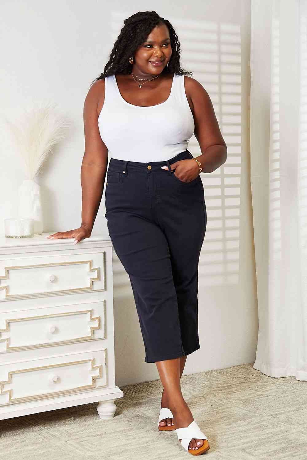 Tummy Control High Waist Navy Demim Jean Judy Blue Cropped Pants