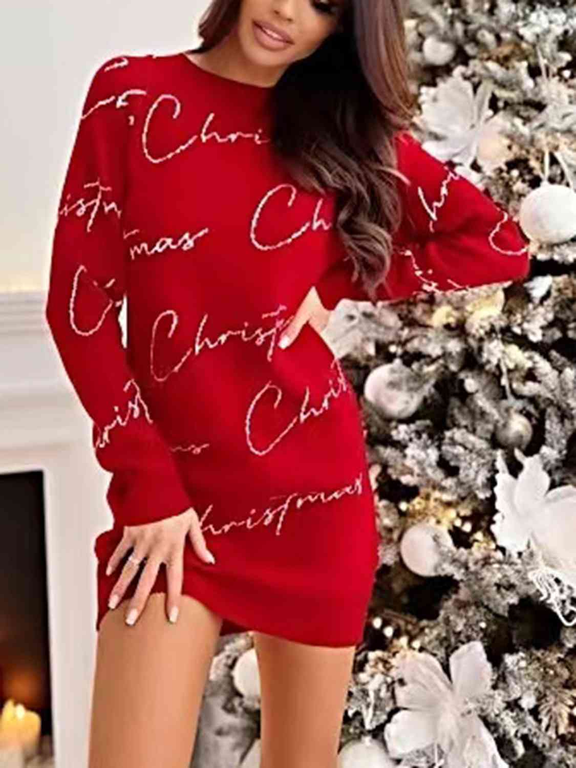 Christmas Contrasting Print Classic Knit Long Sleeve Mini Sweater Dress