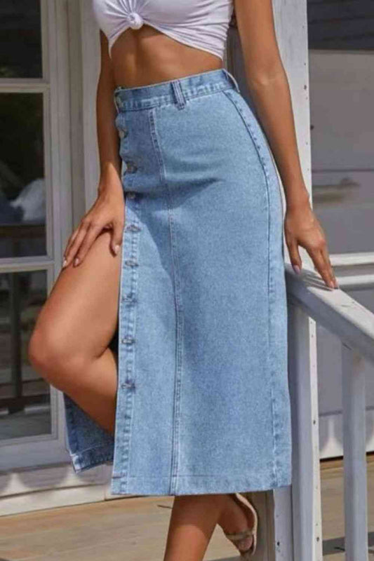 Retro High-Rise Waist Button Front Split Side Retro Blue Jean Midi Denim Pencil Skirt